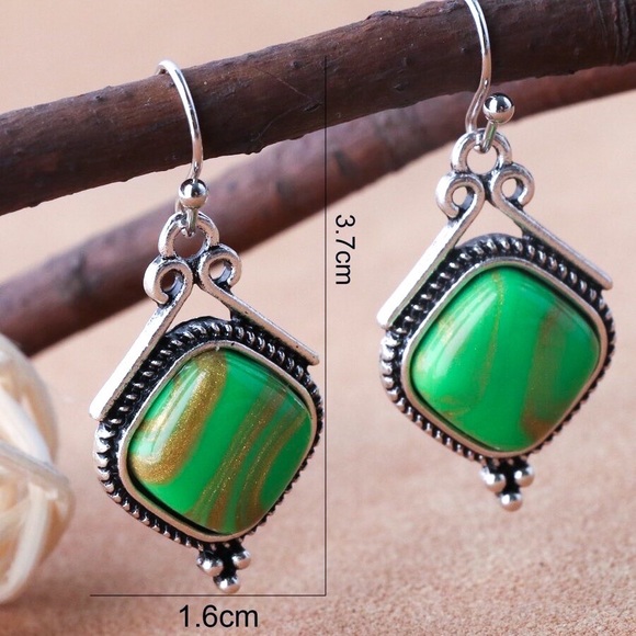 Any 2/$20! Oxidized Silver w/Green Stone Drop Earrings - Picture 3 of 5
